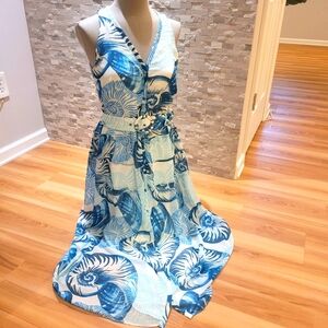 White House Black Market Blue and White Maxi Dress with Shell Print
